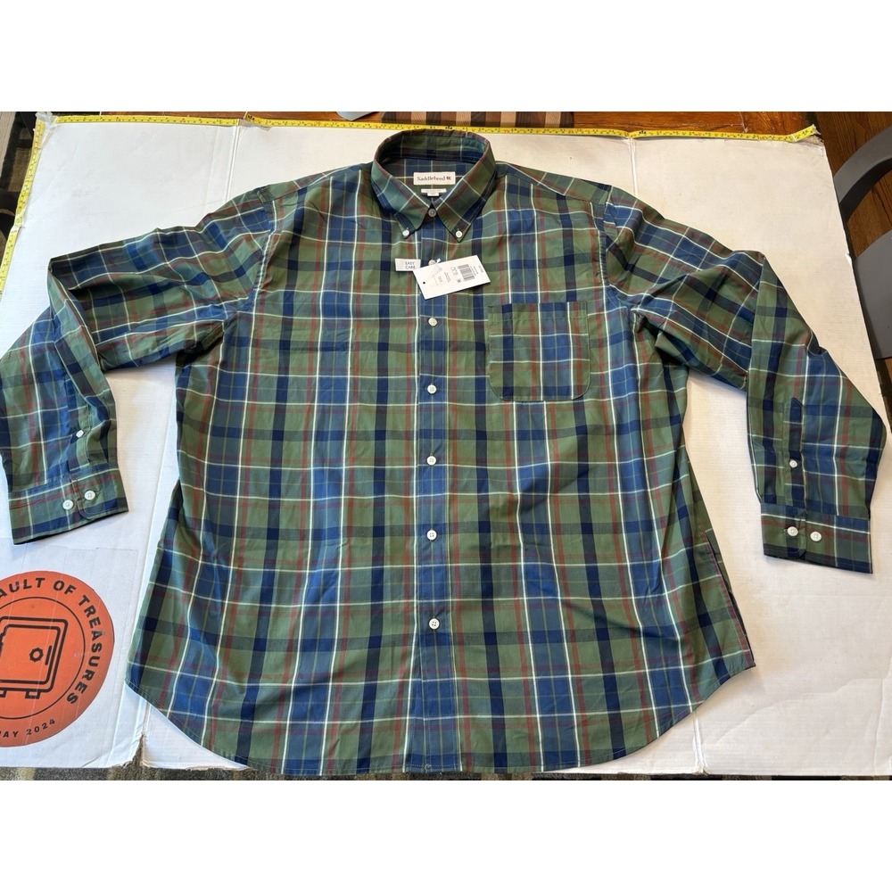 Saddlebred Flannel Shirt 2XL Classic Fit Green Navy Blue Plaid Button Down Nwt